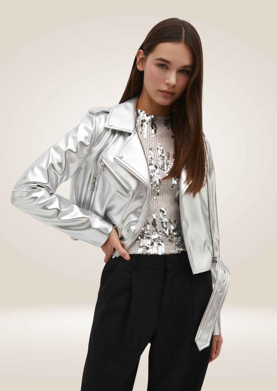 Women’s Grey Silver Metallic Leather Jacket