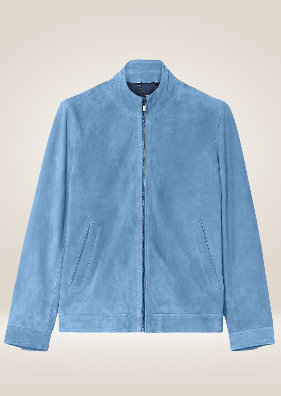 Veste à col montant en daim bleu pour homme