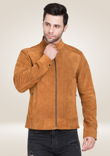 Veste motard en daim marron pour homme