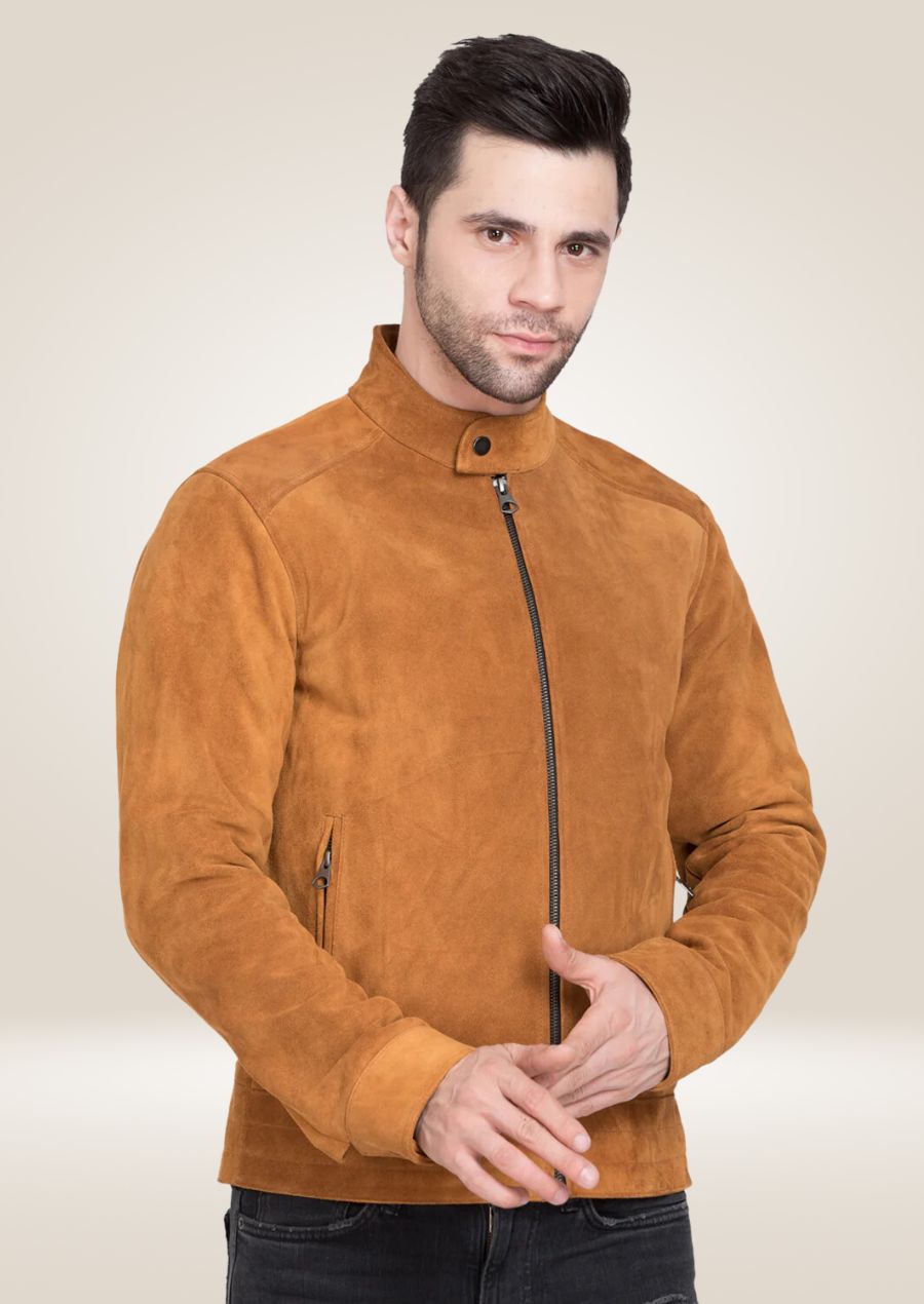 Veste motard en daim marron pour homme