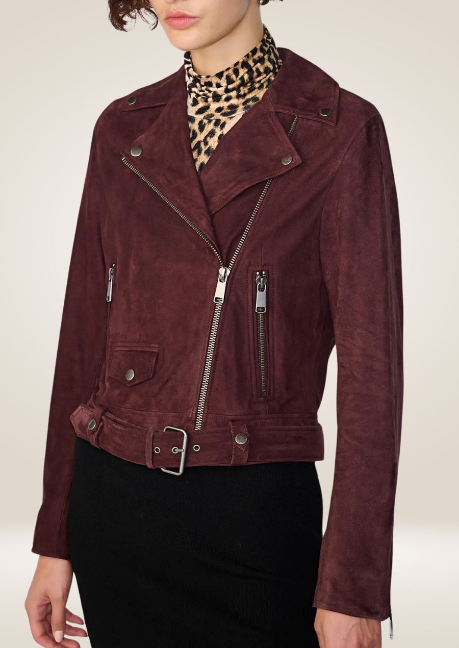 Veste moto en daim marron avec ceinture pour femme