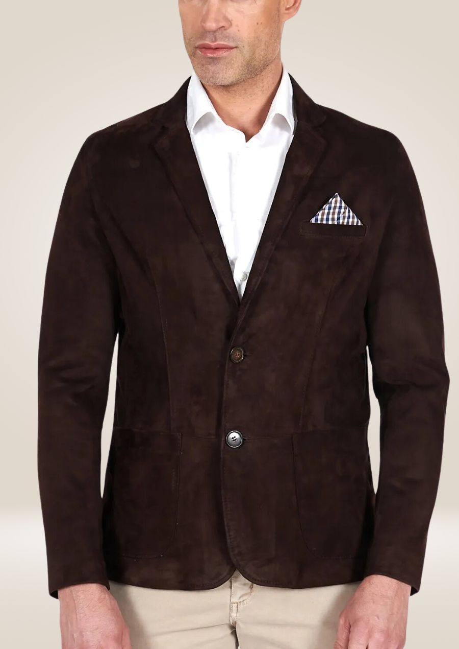 Veste blazer en cuir suédé marron pour homme