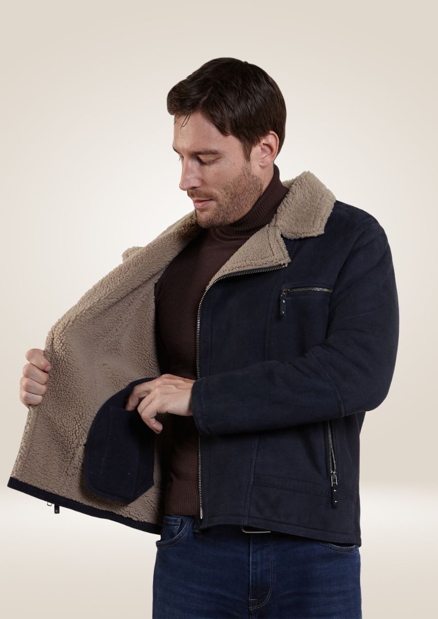 Blouson aviateur en cuir et peau de mouton bleu marine foncé