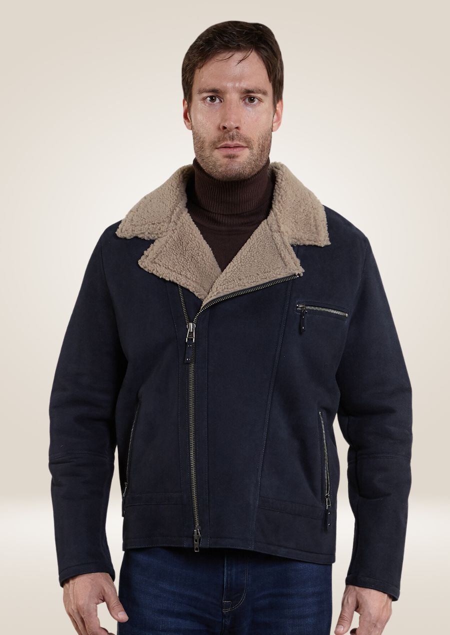 Blouson aviateur en cuir et peau de mouton bleu marine foncé