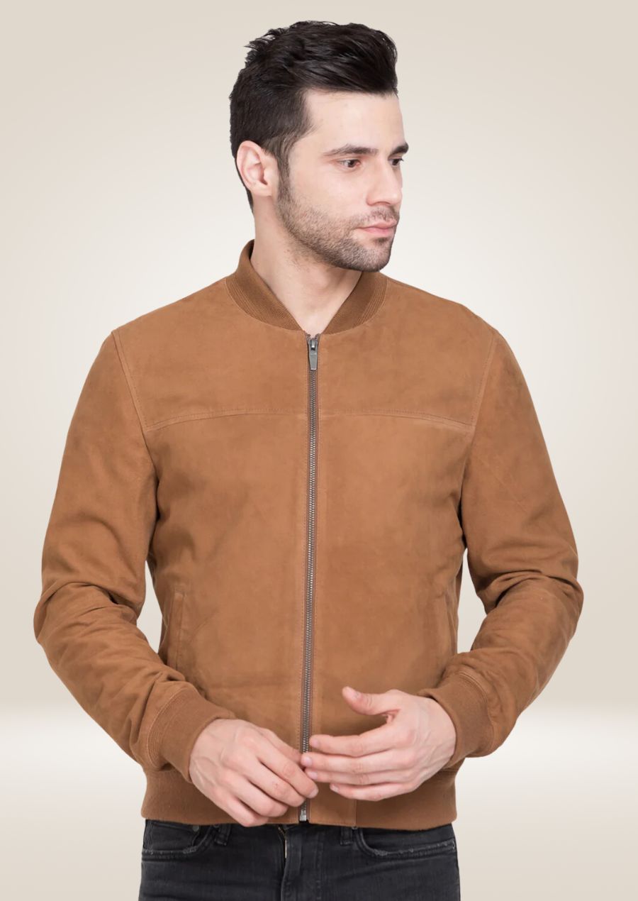 Blouson aviateur en daim marron pour homme - Cuir véritable