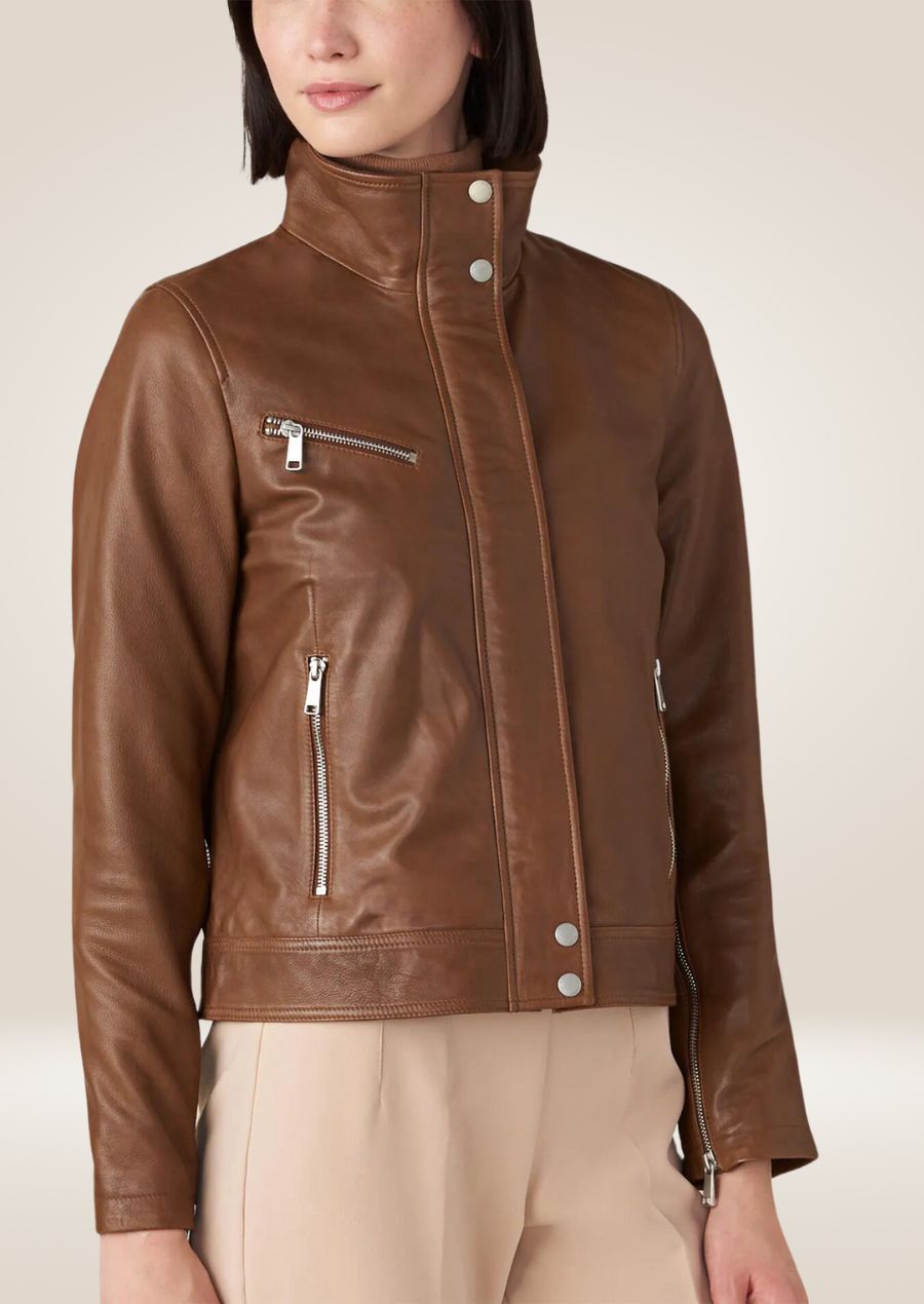 Veste en cuir marron pour femme avec col montant