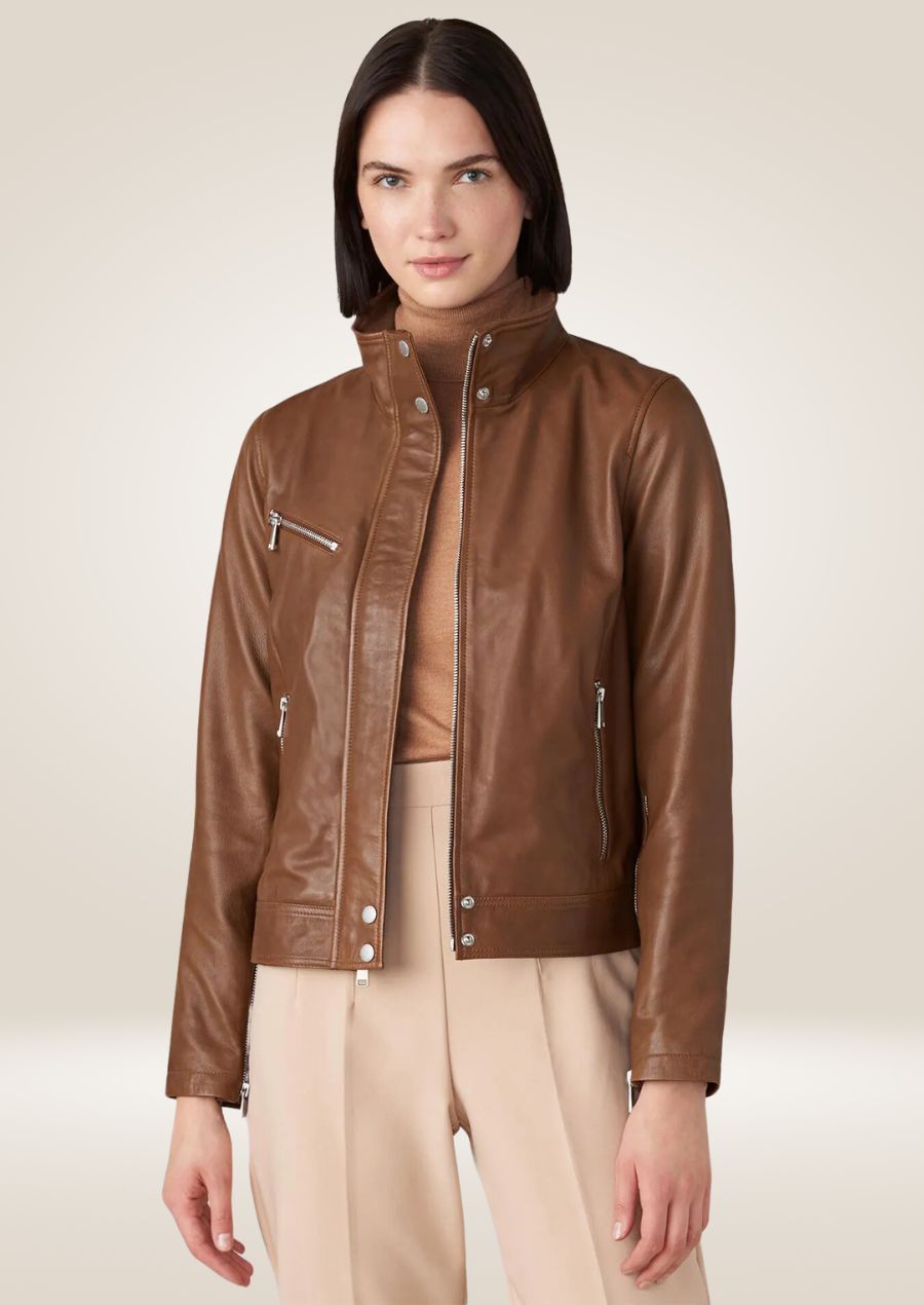 Veste en cuir marron pour femme avec col montant