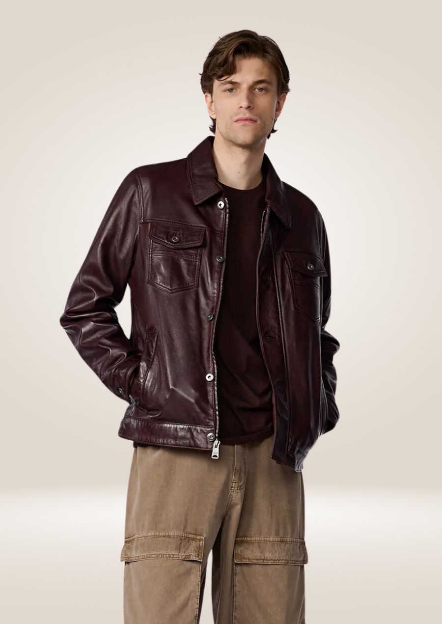 Veste de camionneur classique en cuir marron pour homme