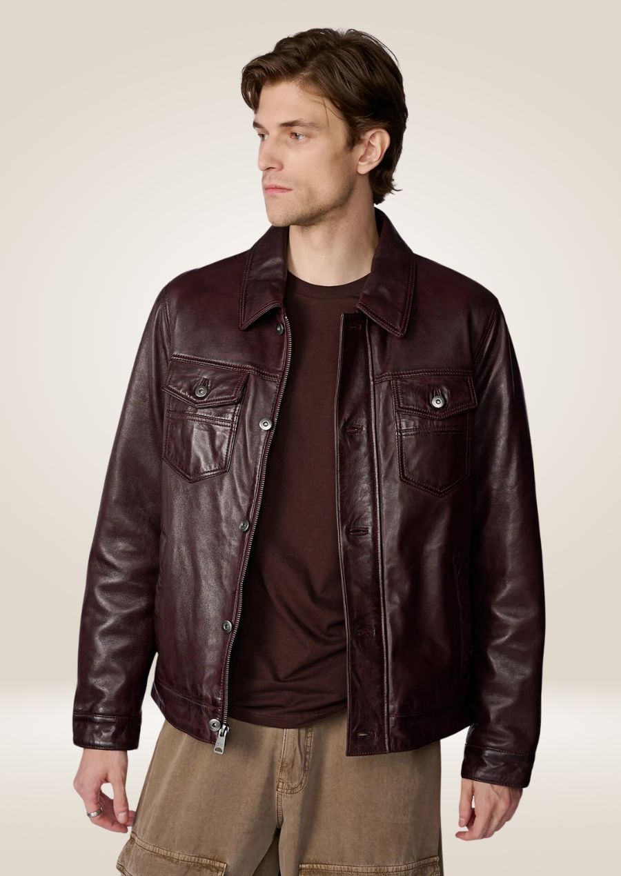 Veste de camionneur classique en cuir marron pour homme