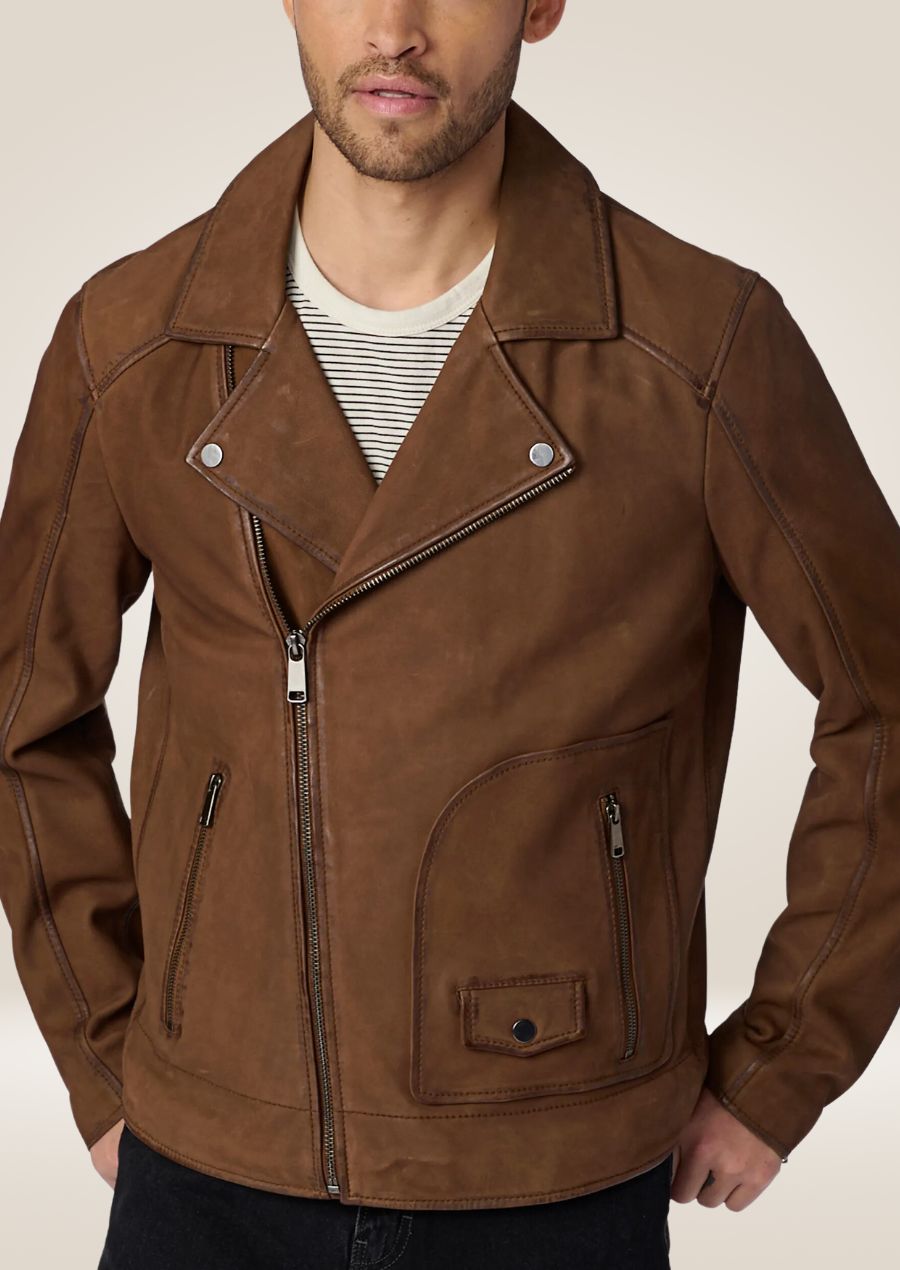 Veste de moto en daim marron pour homme - Poignets zippés