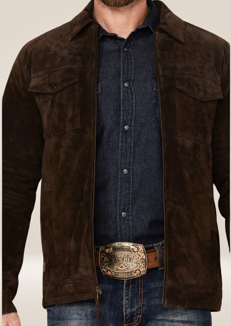 Veste camionneur de cow-boy en daim marron pour homme