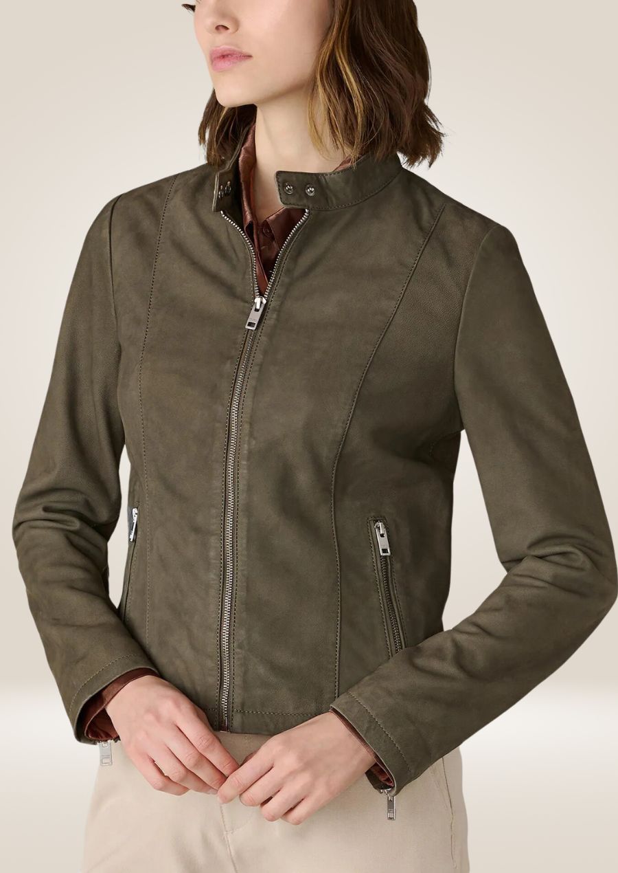 Veste en cuir olive ajustée pour femme