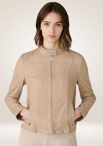 Veste en cuir à col montant en daim beige pour femme