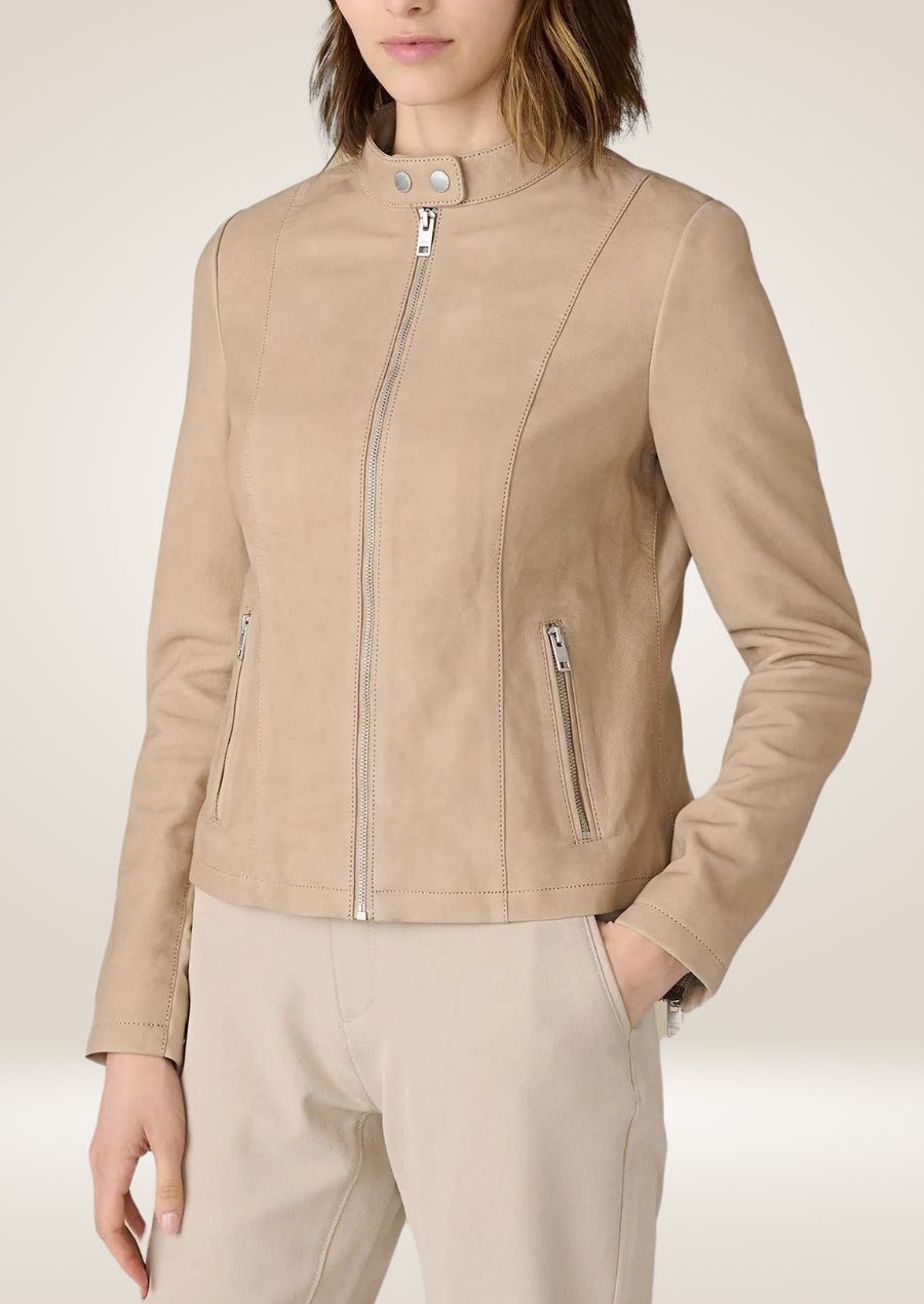 Veste en cuir à col montant en daim beige pour femme