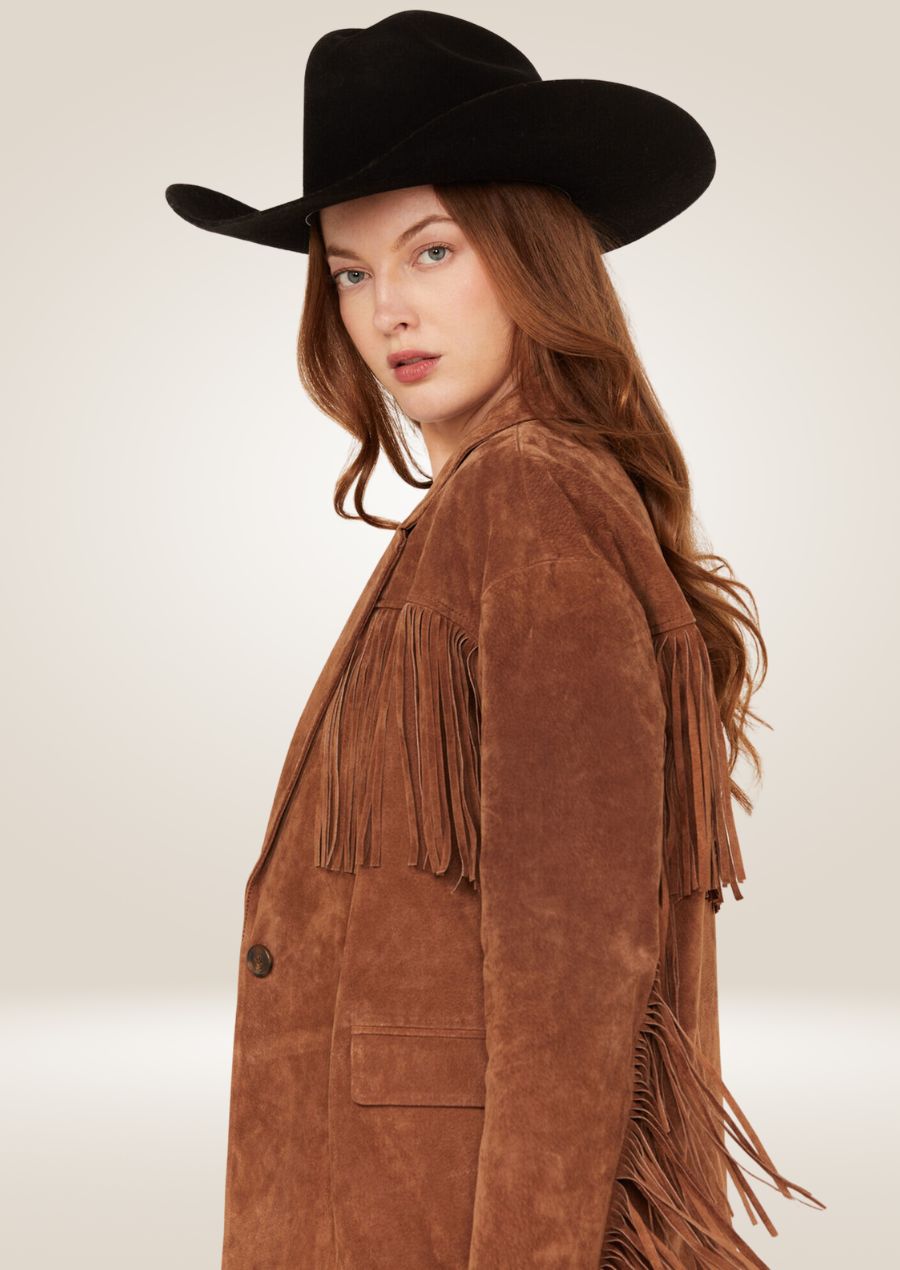 Veste à franges marron chocolat pour femme