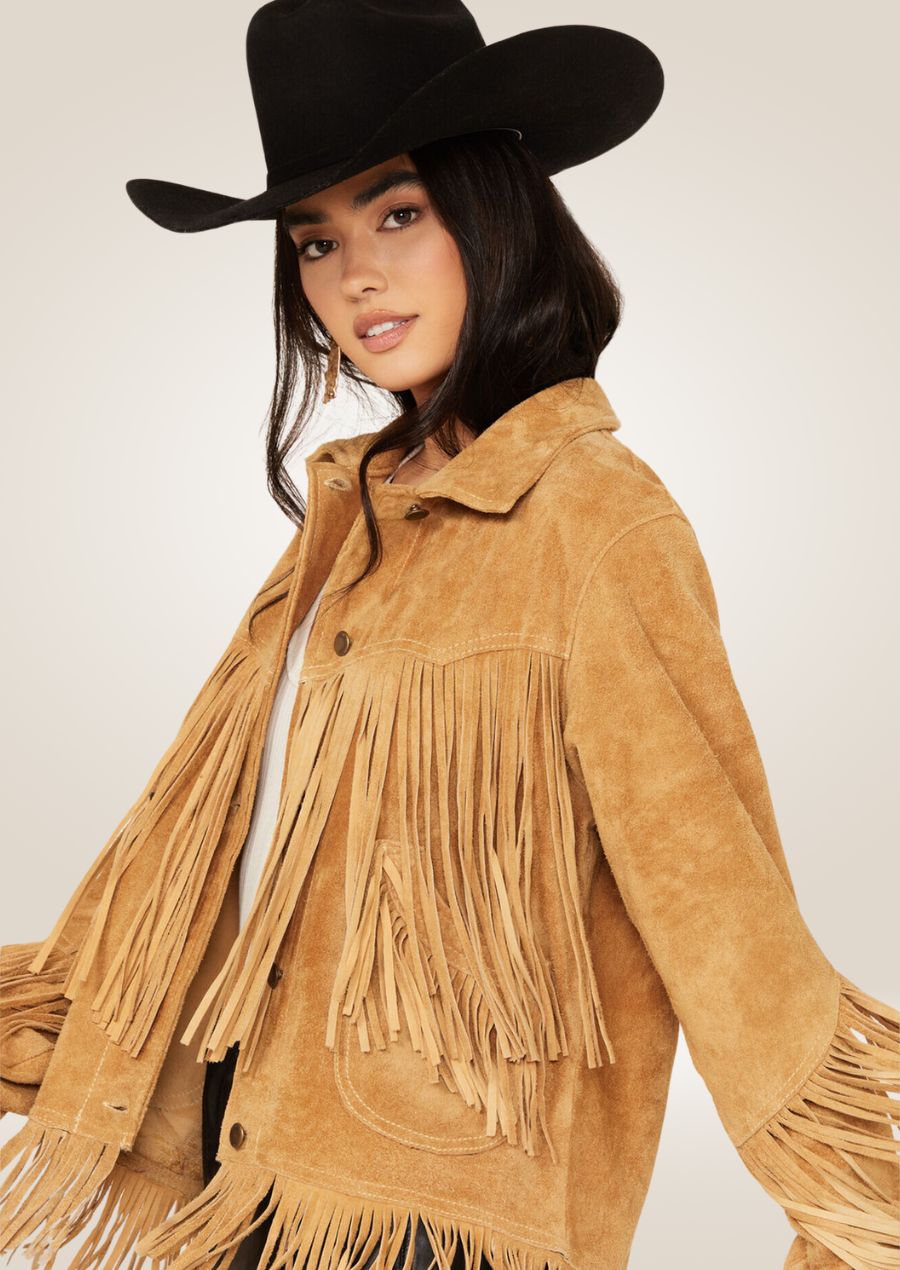 Veste western à franges en cuir suédé pour femme