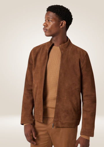 Veste en daim marron pour homme avec col montant