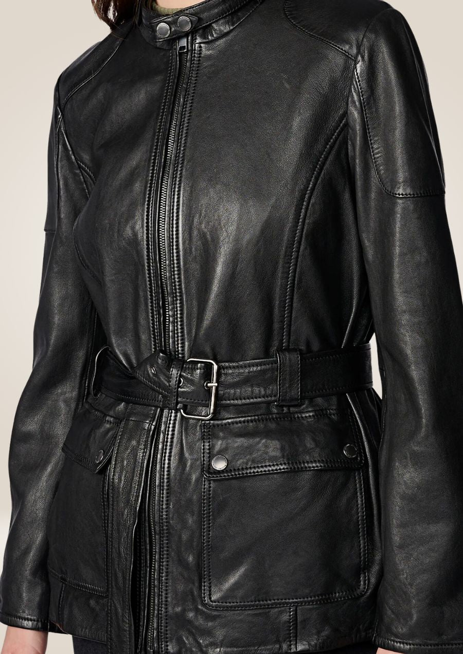 Trench-coat long en cuir noir pour femme 