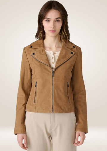 Veste moto en daim camel pour femme