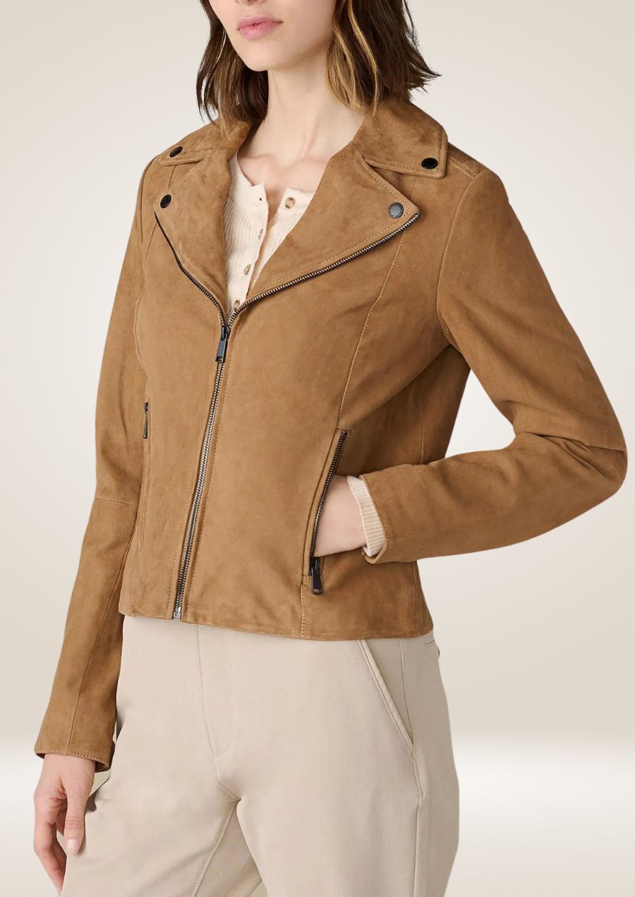 Veste moto en daim camel pour femme