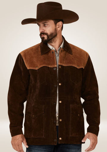 Veste en cuir suédé bicolore chocolat pour homme