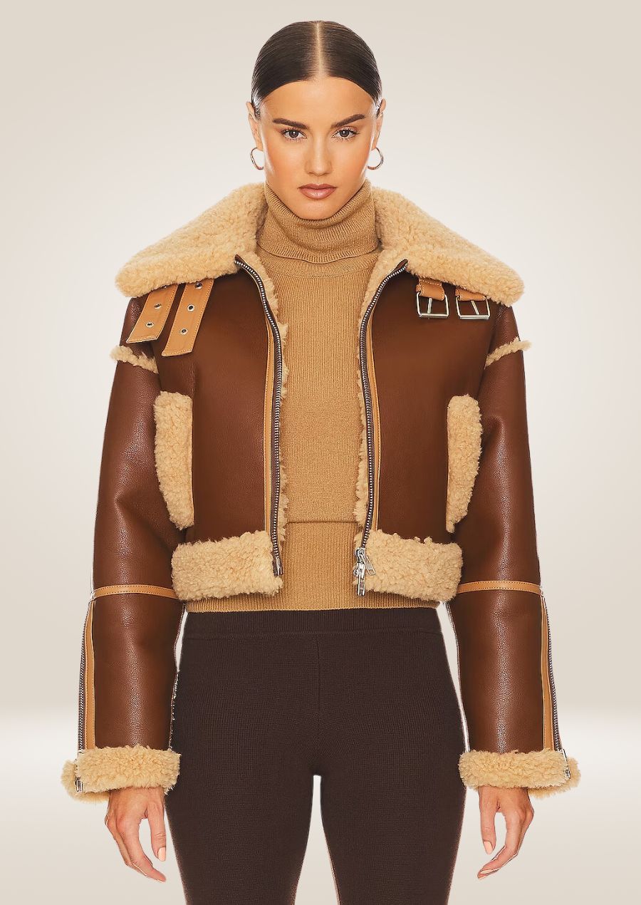 closed jacket view for Chic Women's Brown Shearling Jacket with Cropped Design and Premium Leather