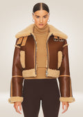 Chic Women's Brown Shearling Jacket with Cropped Design and Premium Leather