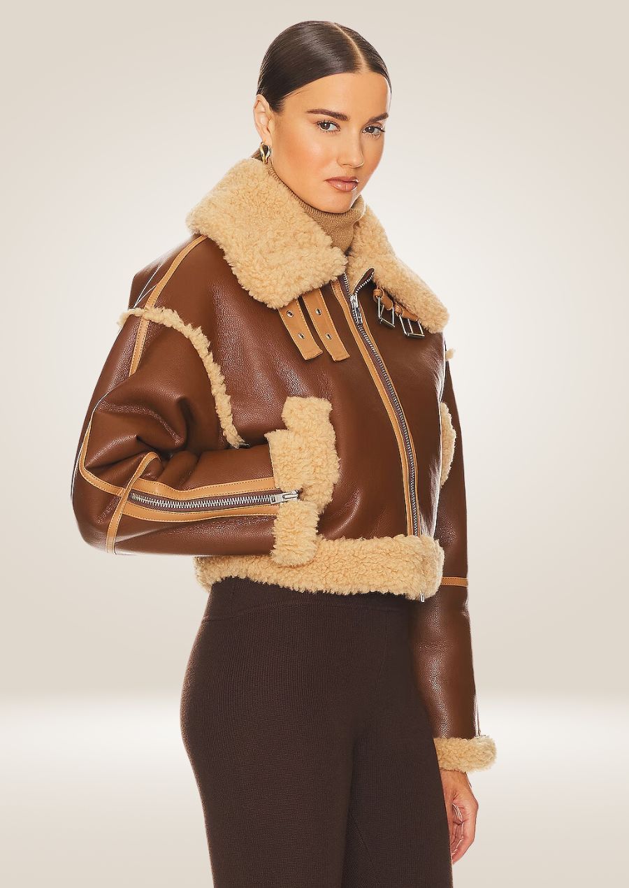 side pose of Chic Women's Brown Shearling Jacket with Cropped Design and Premium Leather