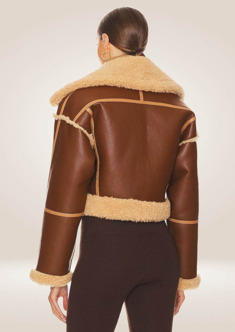 backside of Chic Women's Brown Shearling Jacket with Cropped Design and Premium Leather