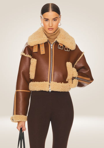 closed jacket view for Chic Women's Brown Shearling Jacket with Cropped Design and Premium Leather