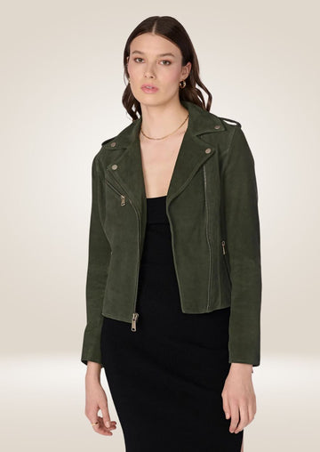 Veste de moto asymétrique en daim vert pour femme