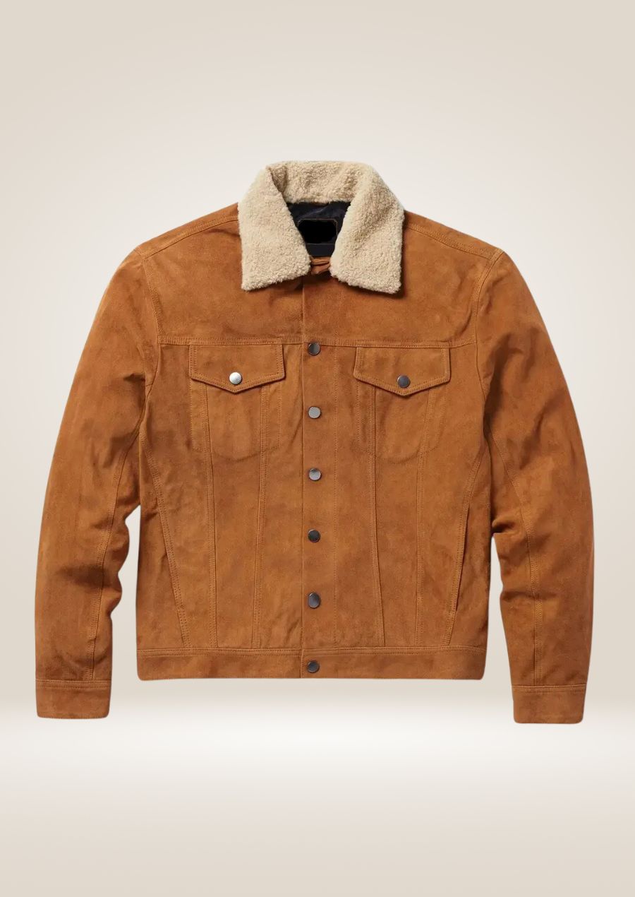 Veste de camionneur en daim beige pour homme avec col en sherpa