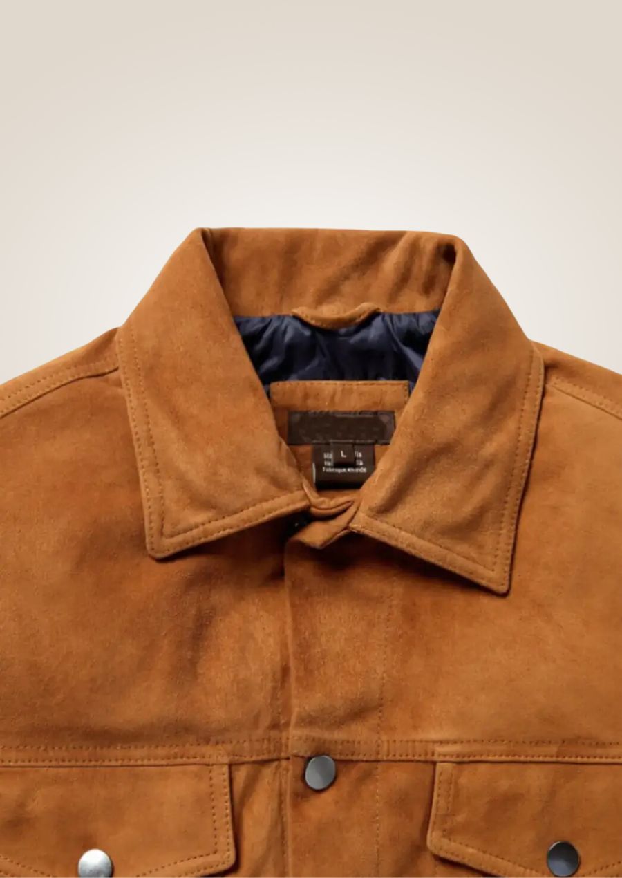 Veste de camionneur en daim beige pour homme avec col en sherpa