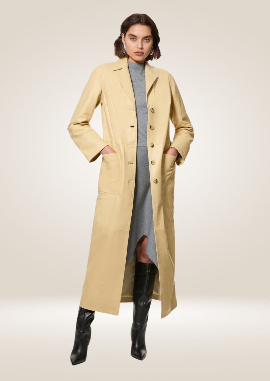 Women’s Yellow Leather Trench Coat - Bold and Stylish Outerwear