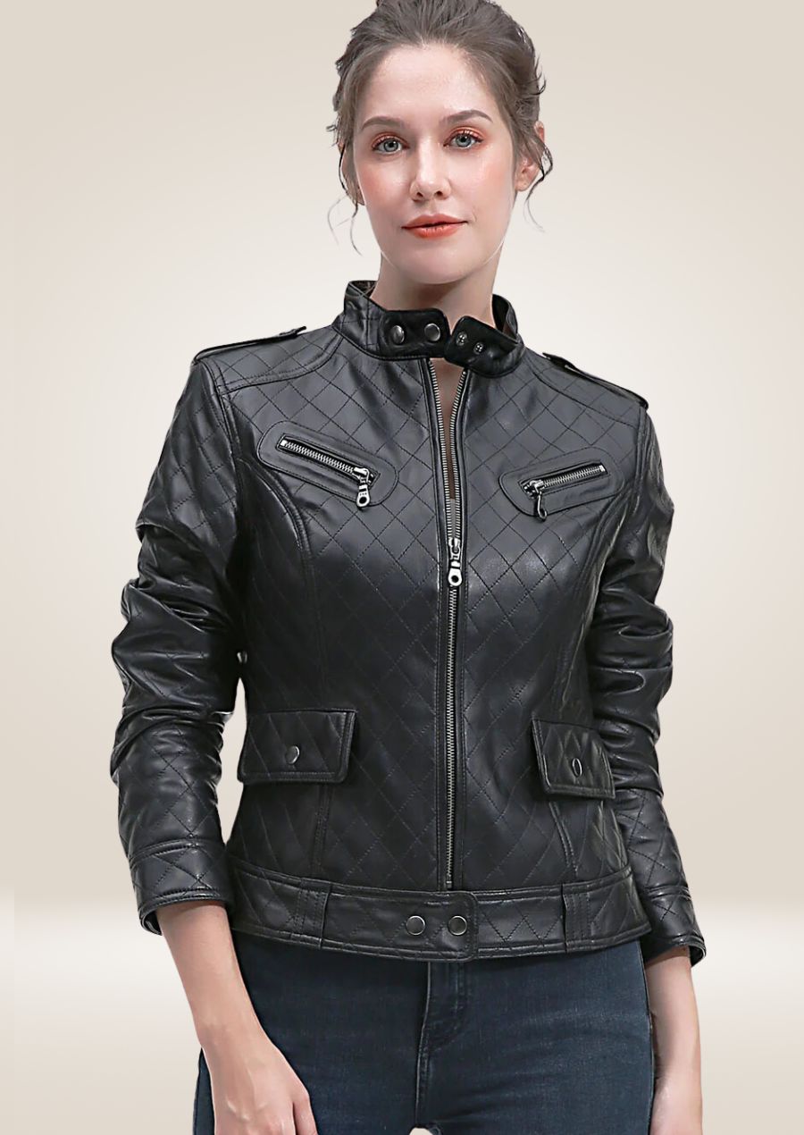 Veste en cuir à col montant pour femme - Robuste et tendance