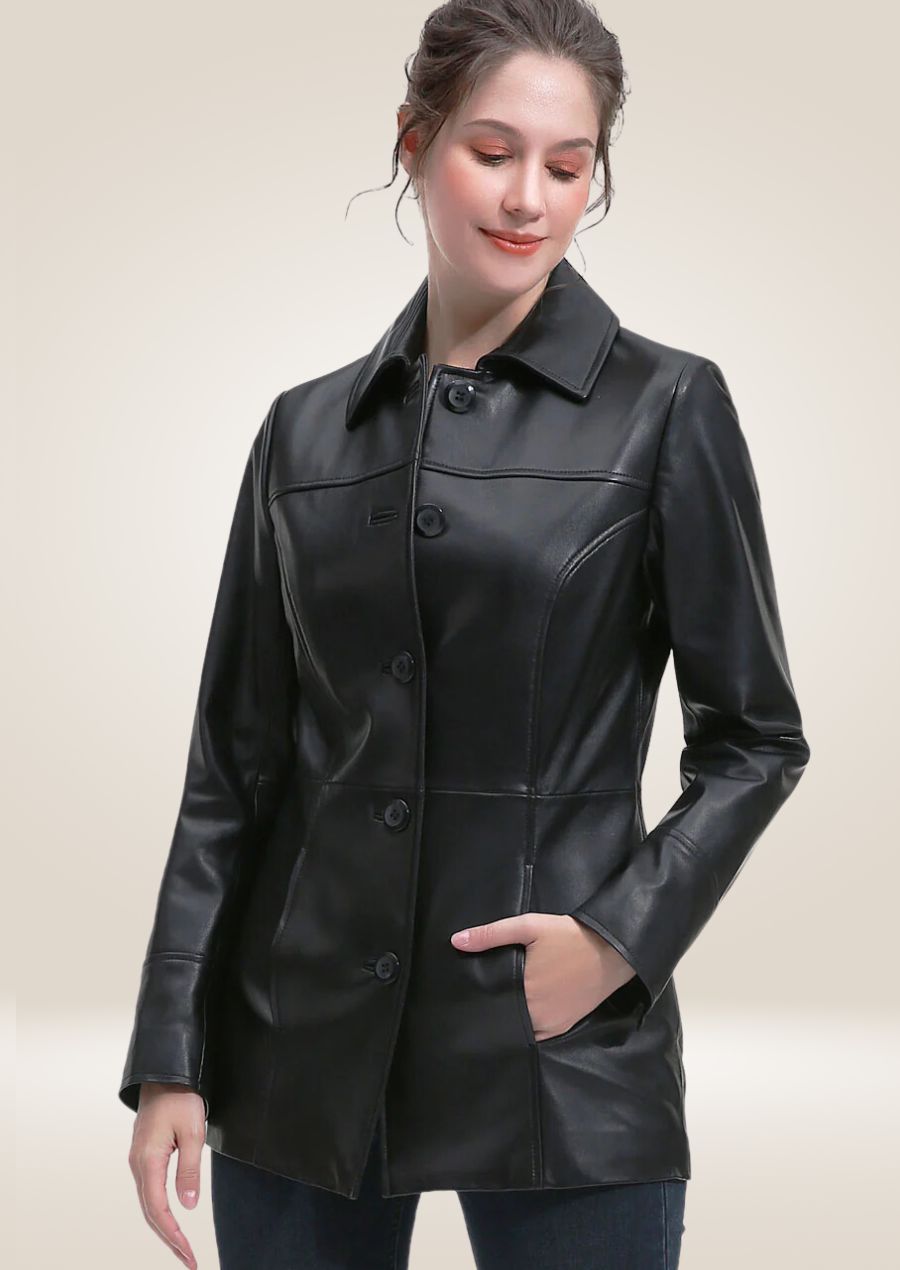 Manteau en cuir noir à 3 boutons pour femme - Élégant et classique