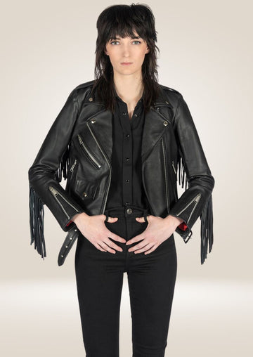 Veste moto en cuir à franges noires pour femme - Edgy Biker Chic