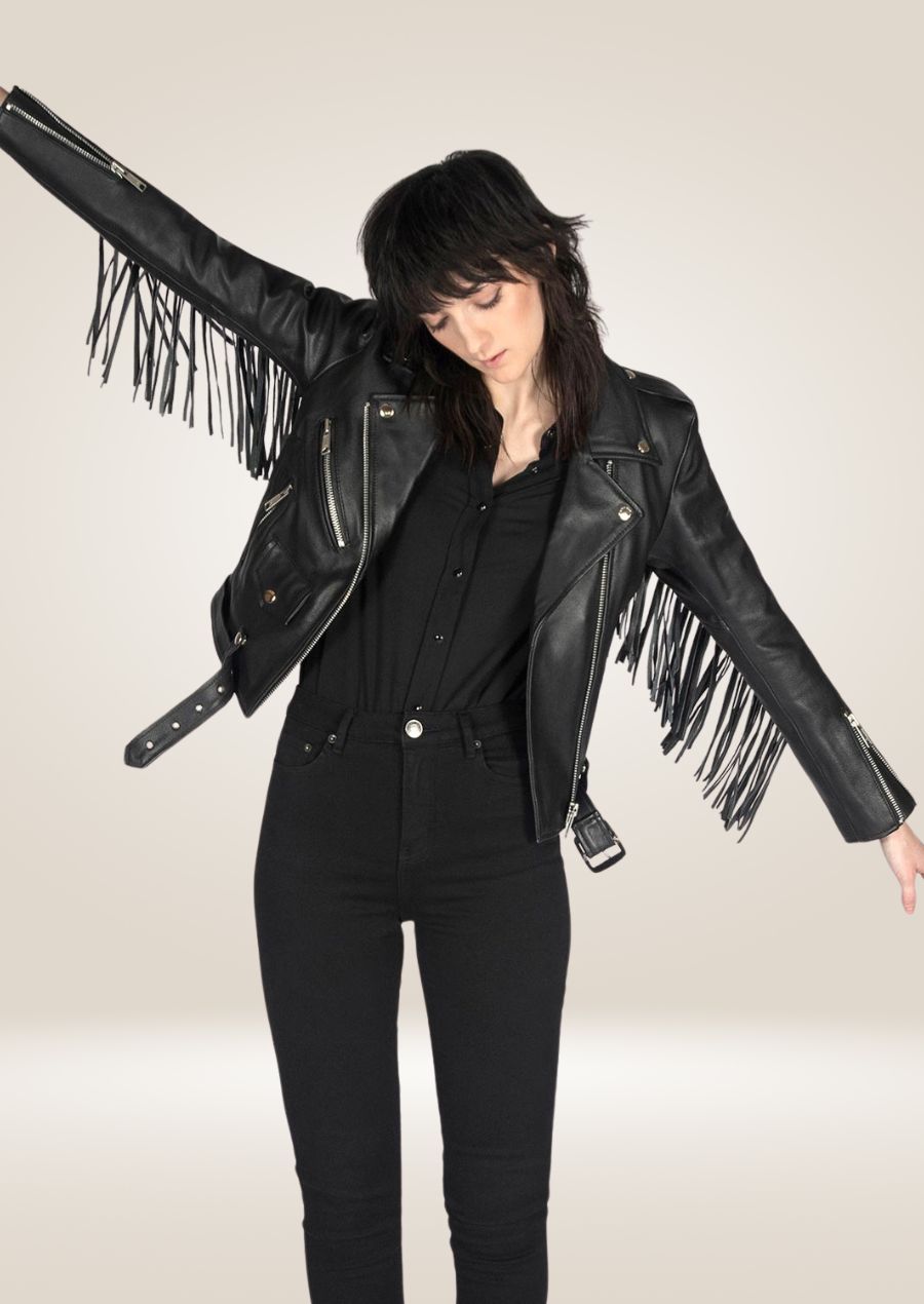 Veste moto en cuir à franges noires pour femme - Edgy Biker Chic