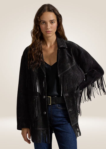 Veste en daim à franges noires pour femme - Look western audacieux