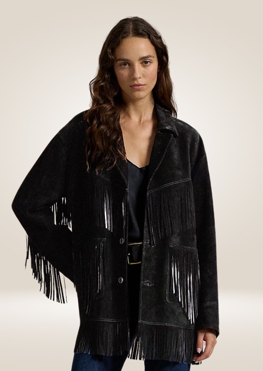 Veste en daim à franges noires pour femme - Look western audacieux