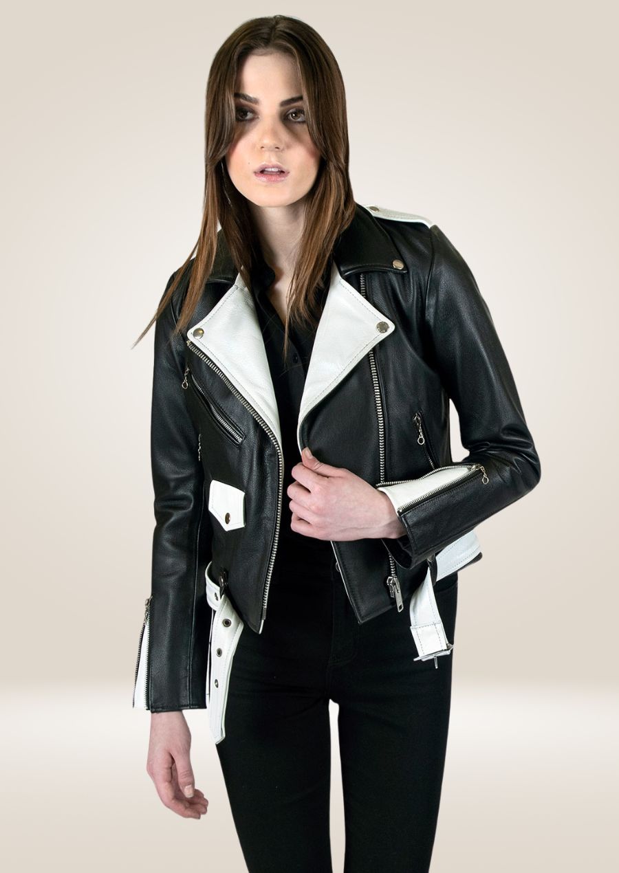 Veste en cuir noir et blanc pour femme - Style motard audacieux