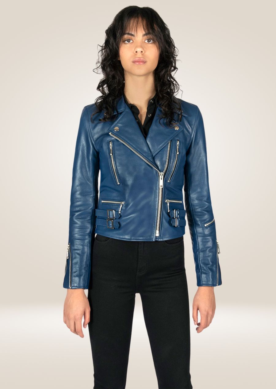 Veste en cuir bleu pour femme - Style motard audacieux