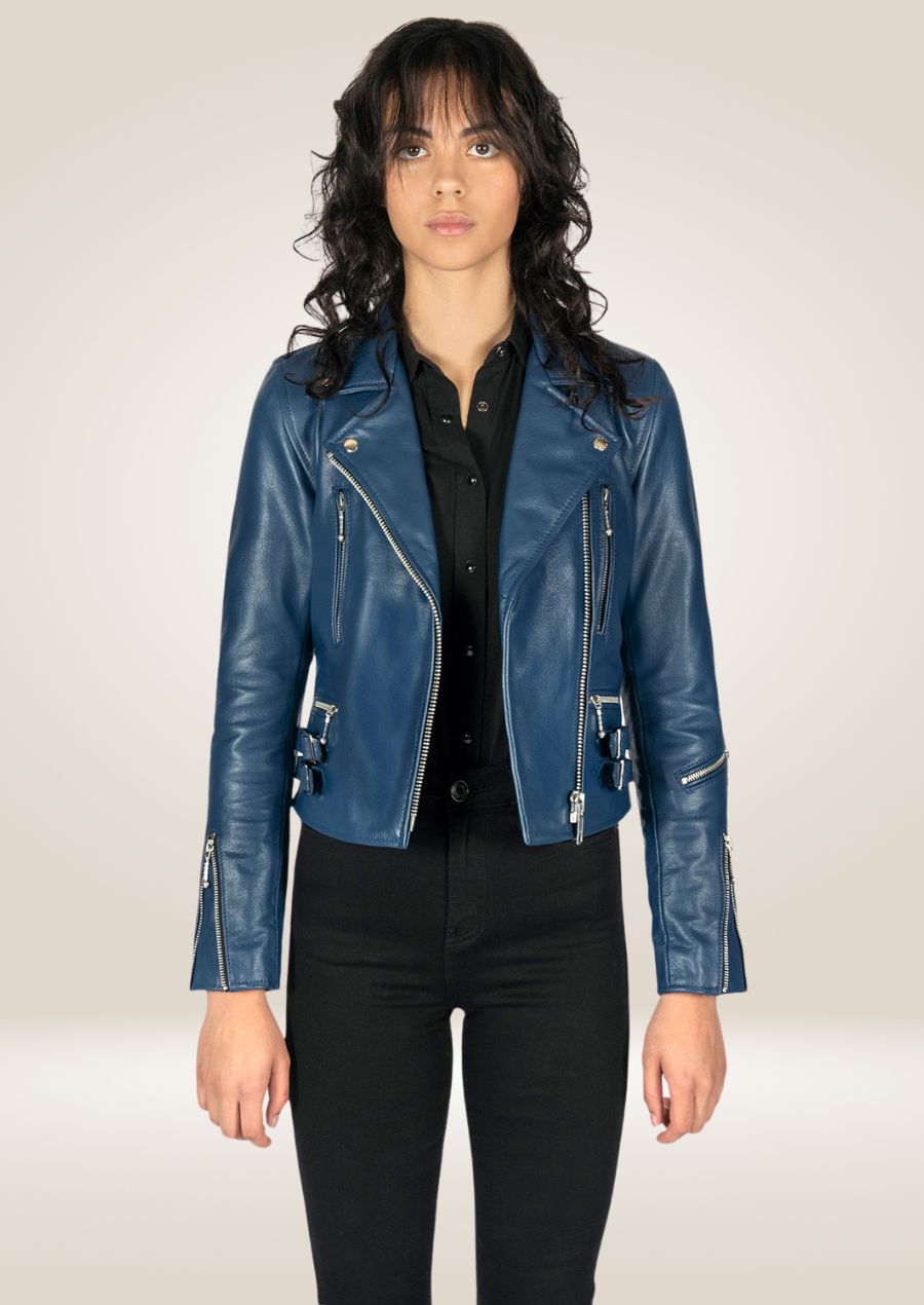 Veste en cuir bleu pour femme - Style motard audacieux