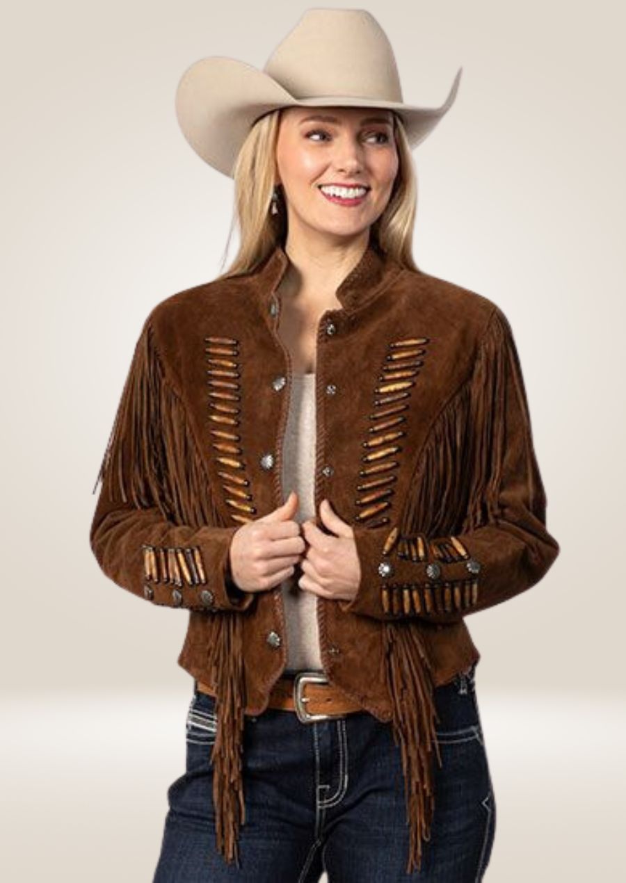 Veste western à franges marron pour femme - Style cowgirl emblématique