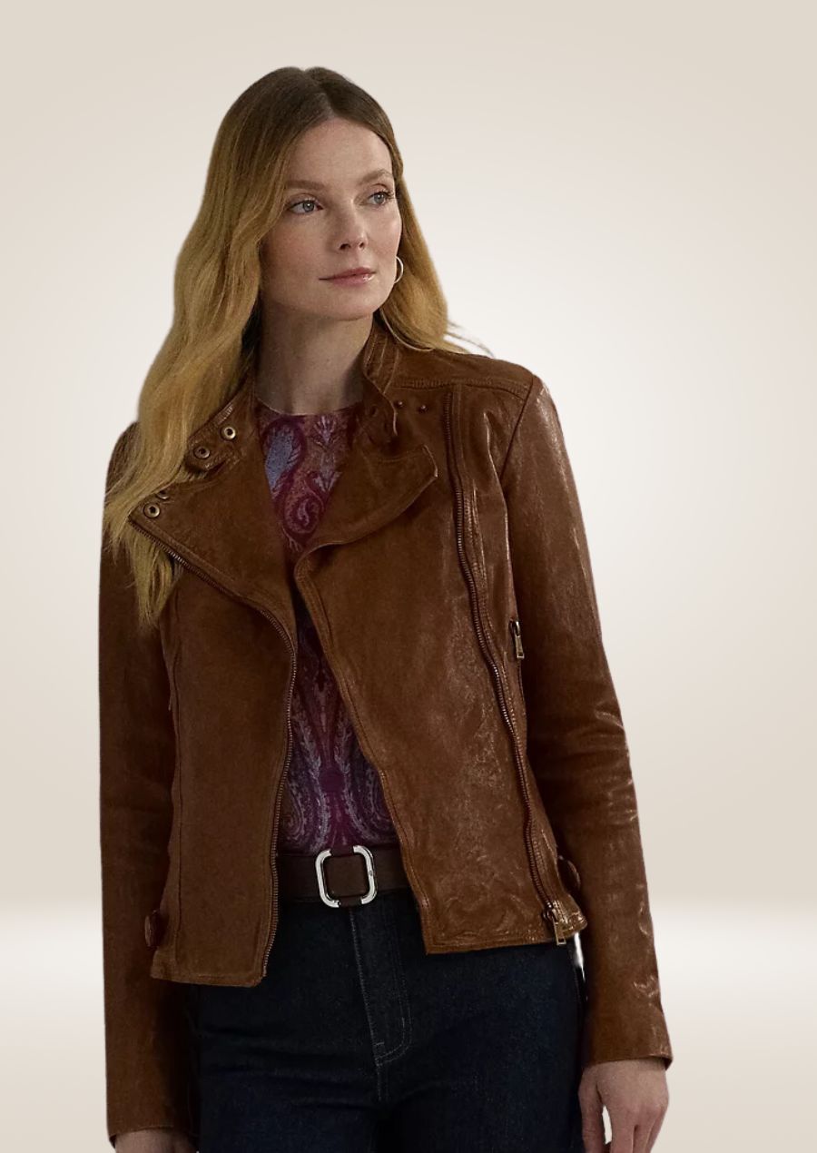 Veste de moto en cuir marron pour femme - Style motard intemporel