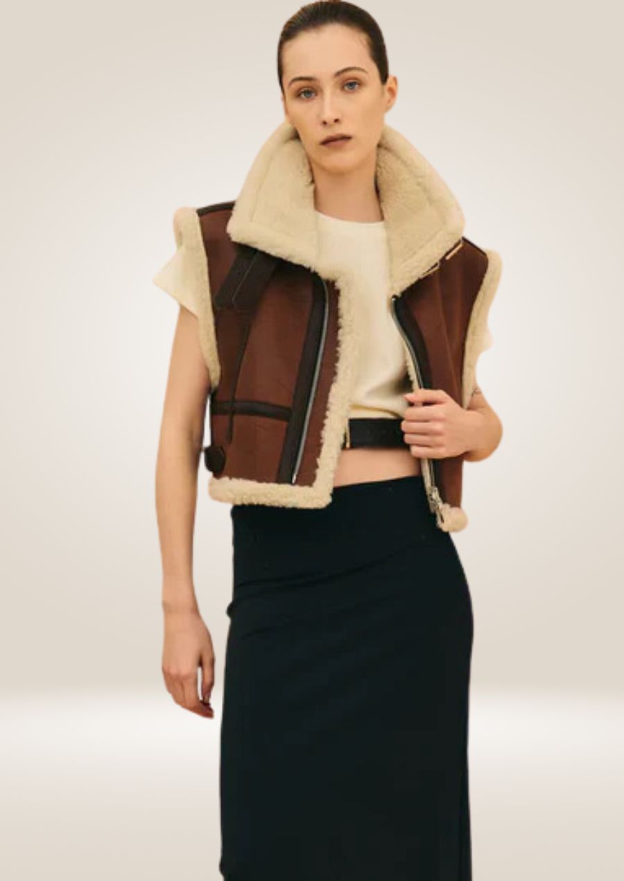 Women’s Brown Shearling Aviator Leather Vest - Cozy and Chic