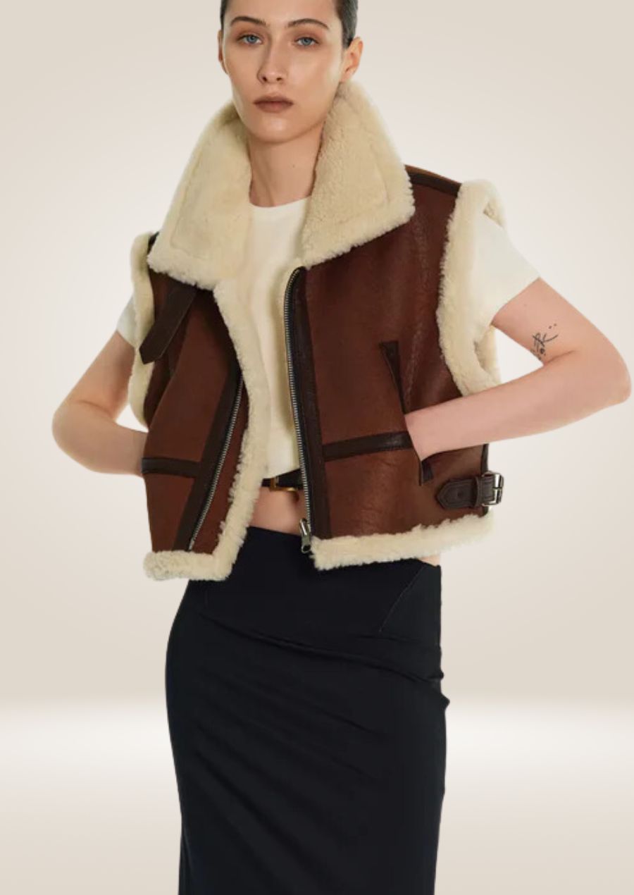 Women’s Brown Shearling Aviator Leather Vest - Cozy and Chic