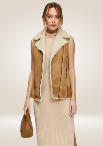 Women’s Brown Sheepskin Shearling Leather Vest - Cozy and Elegant