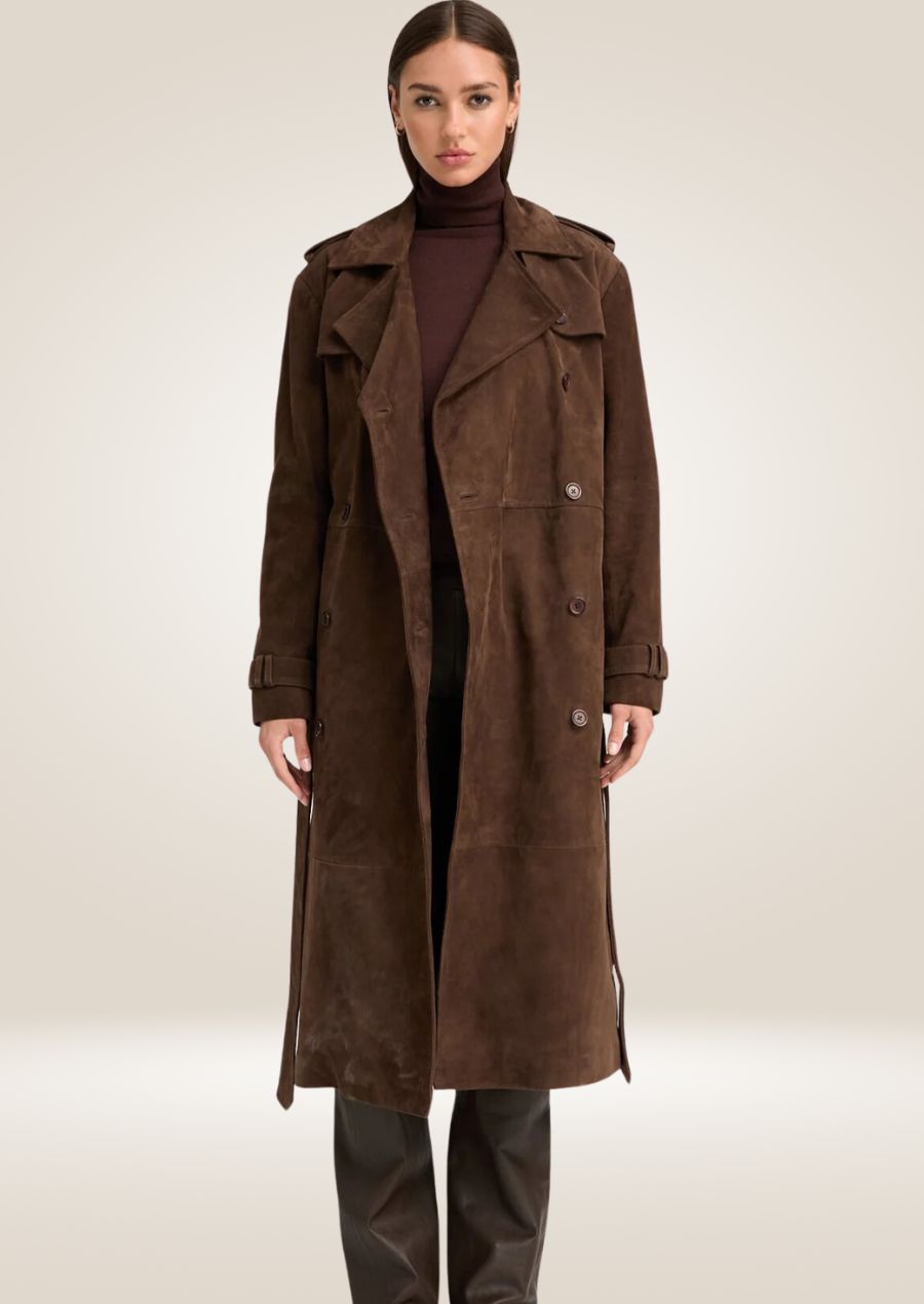 Trench-coat en daim marron pour femme - Vêtements d'extérieur élégants et luxueux