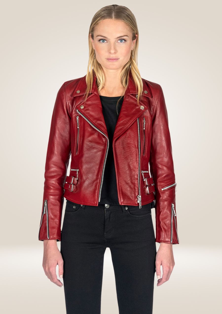 Veste Perfecto en cuir bordeaux pour femme - Style motard élégant